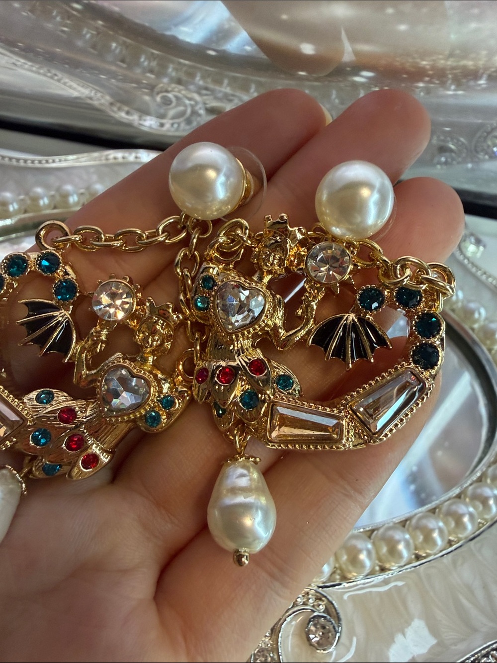Gold-tone Pearl Drop Mermaid Shape Statement Earrings with Multicolor Accents - Picture 7 of 9